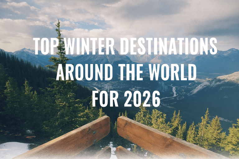 “Scenic mountain viewpoint overlooking a lush green valley and snow-capped peaks under a cloudy sky, with a wooden railing in the foreground with the text Winter travel destinations for 2026."