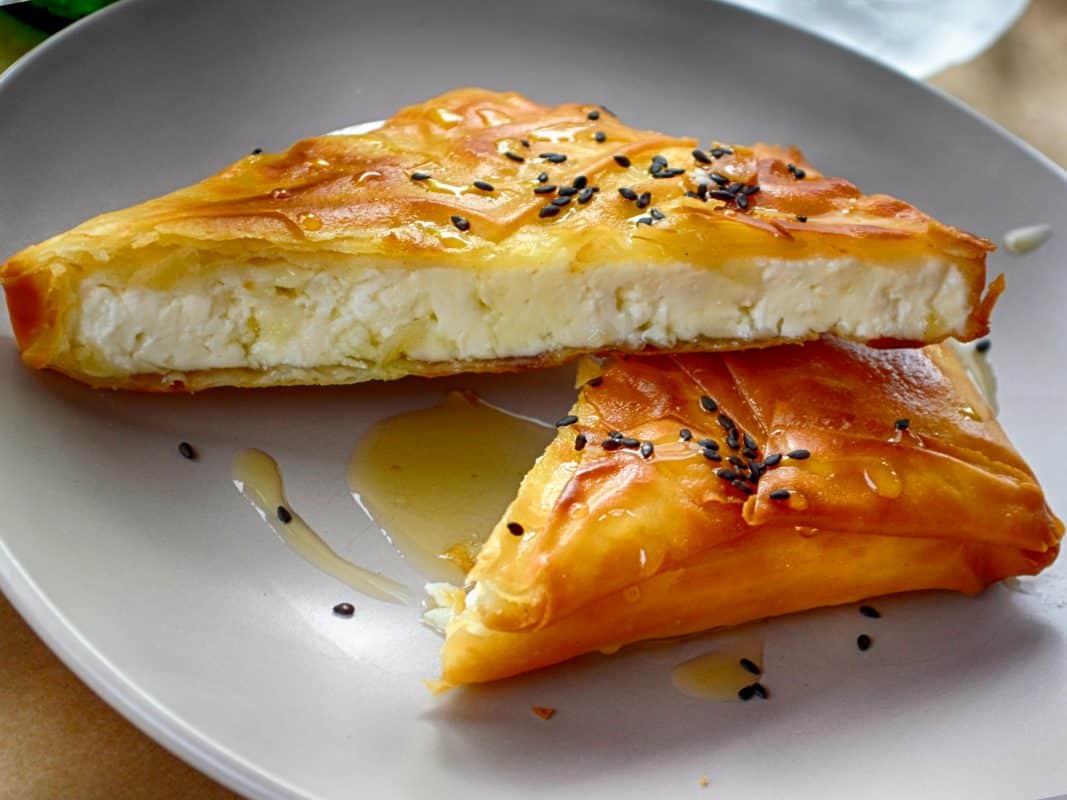 Traditional Greek tyropita cheese pie made with feta and crispy phyllo pastry