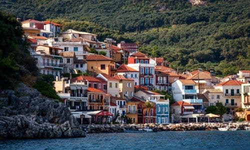 Colorful houses along the waterfront of Parga in Epirus Greece on the Ionian Sea