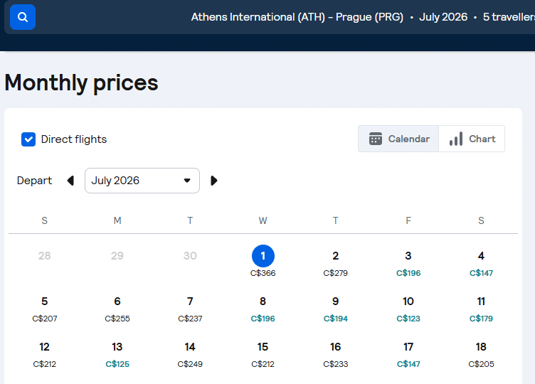 Skyscanner calendar showing how changing travel dates affects flight prices