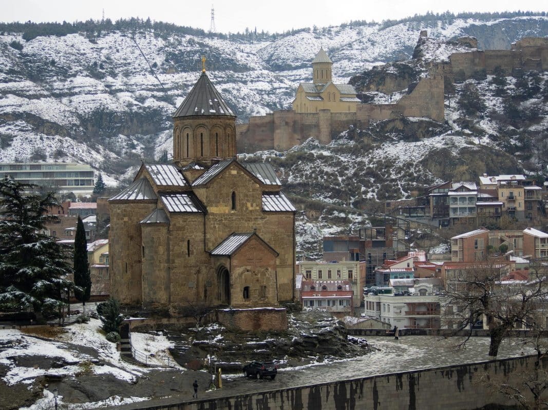 Historic church and old town in Tbilisi Georgia during winter