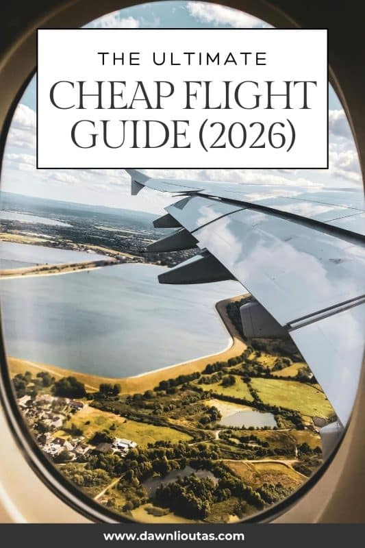 Pinterest pin with airplane window view and text reading “The Ultimate Cheap Flight Guide (2026)” featuring budget travel and cheap flight tips.