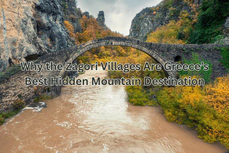 Panoramic view of Vikos Gorge in the Zagori Villages, Greece, showcasing steep limestone cliffs, lush greenery, and one of the world’s deepest canyons, with the words "Why the Zagori villages are Greece's hidden mountain destination."
