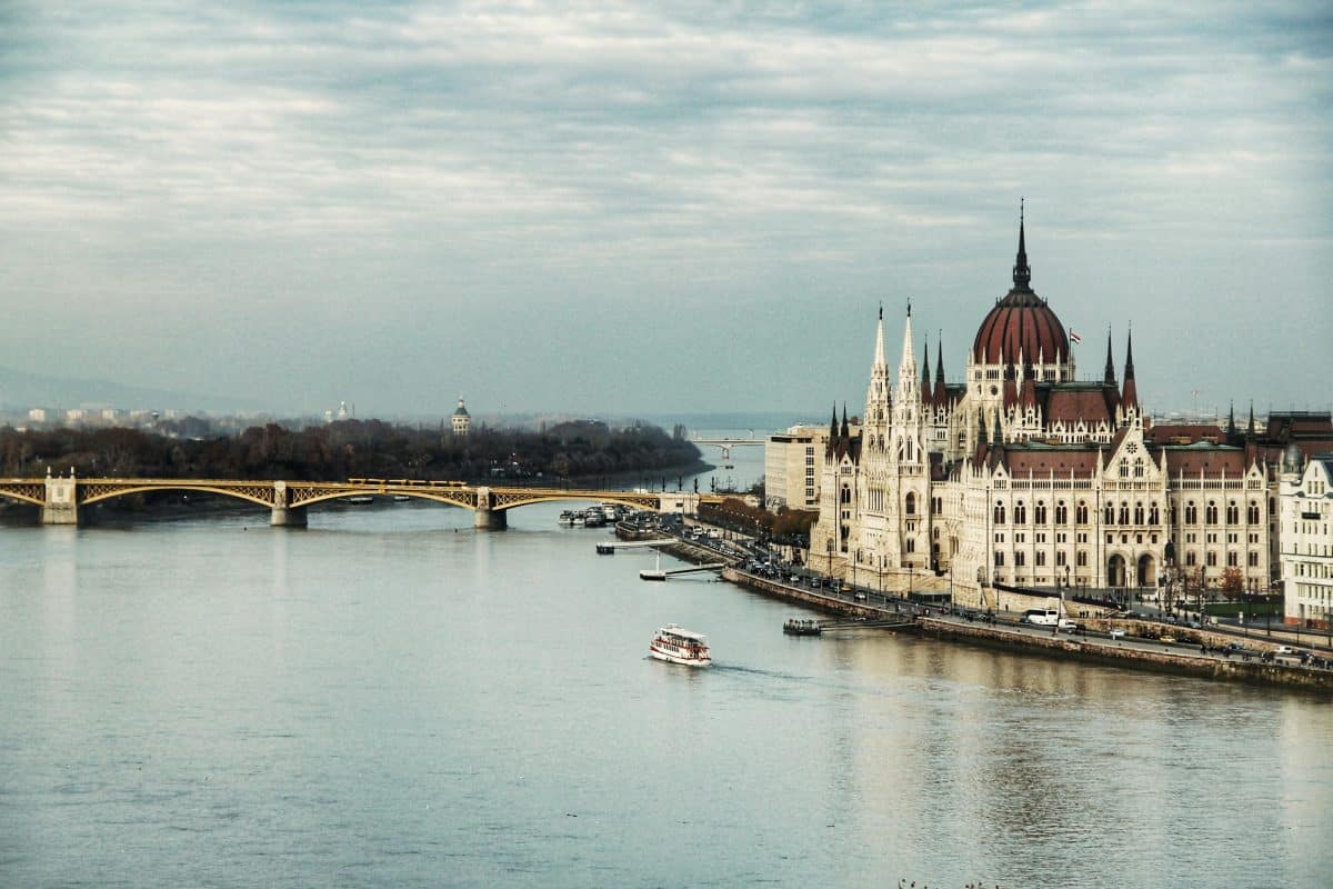 Hungarian Parliament Building in Budapest along the Danube River with Margaret Bridge in Hungary