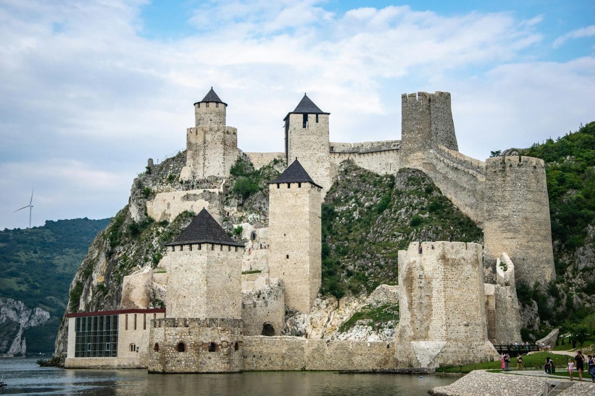 Golubac Fortress in Serbia overlooking the Danube River with medieval stone towers and walls
