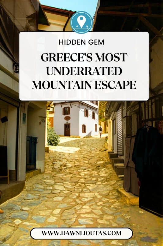Traditional stone street in the Zagori Villages of Northern Greece with mountain village architecture and cobblestone pathways.