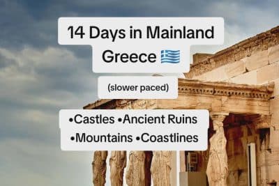 Caryatid statues at the Acropolis in Athens with text overlay about a 14-day mainland Greece itinerary.