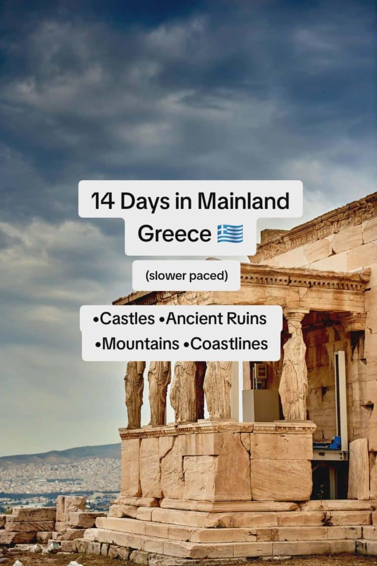 Caryatid statues at the Acropolis in Athens with text overlay about a 14-day mainland Greece itinerary.