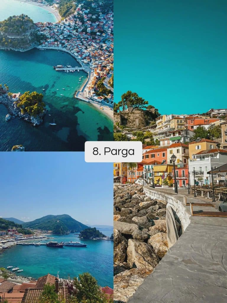 Parga, Greece coastal town with colorful houses, clear turquoise water, a scenic harbor, and seaside promenade on the Ionian coast.