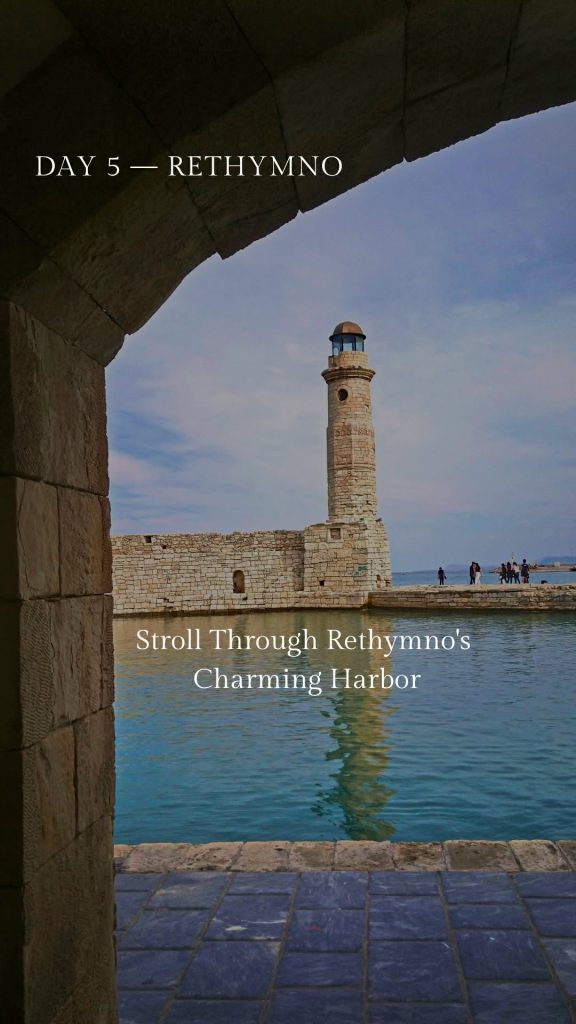Rethymno Harbor in Crete, Greece with historic lighthouse and waterfront — a charming stop on a 10 day Crete itinerary.