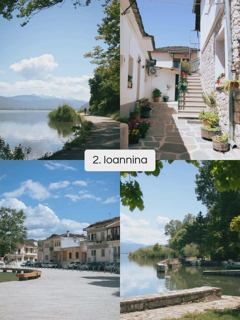 Ioannina Greece featuring Lake Pamvotida, charming old town streets, waterfront walkways, and mountain scenery in the Epirus region.