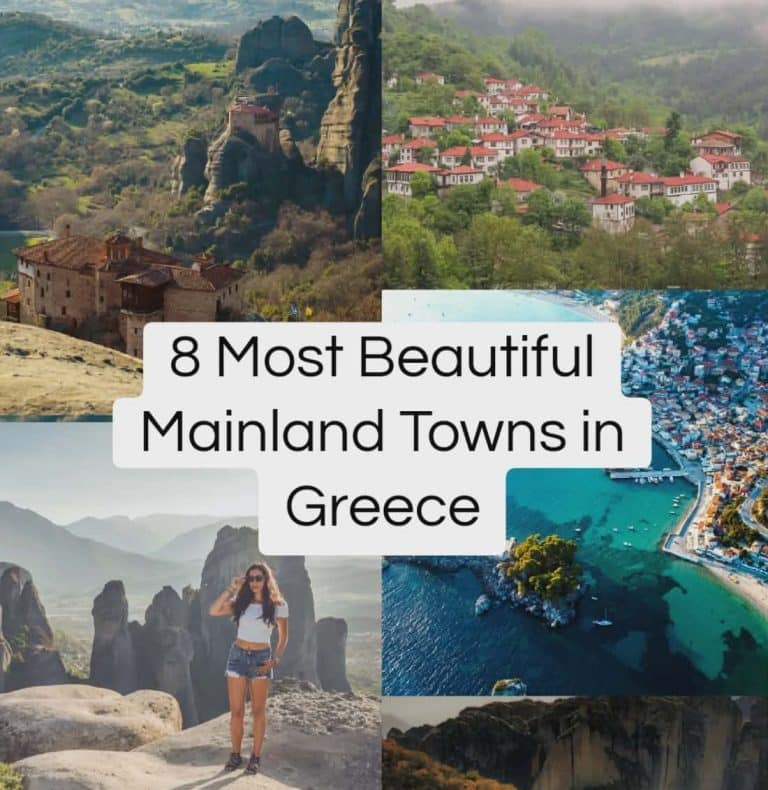 Photo collage of the most beautiful mainland towns in Greece showcasing Meteora monasteries, seaside villages with turquoise water, mountain towns, and historic stone buildings.