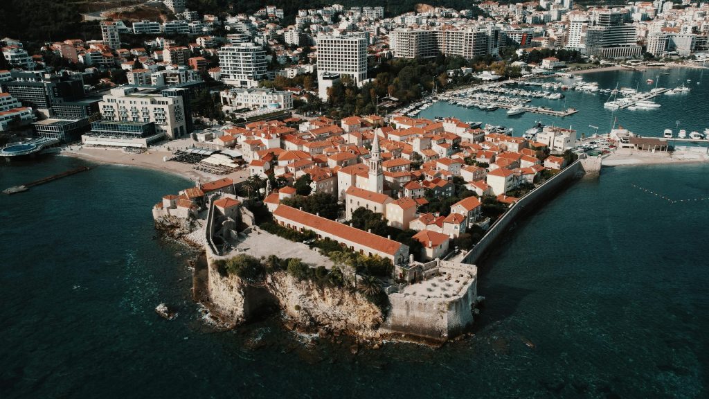 Aerial view of Budva old town Montenegro on the Adriatic coast