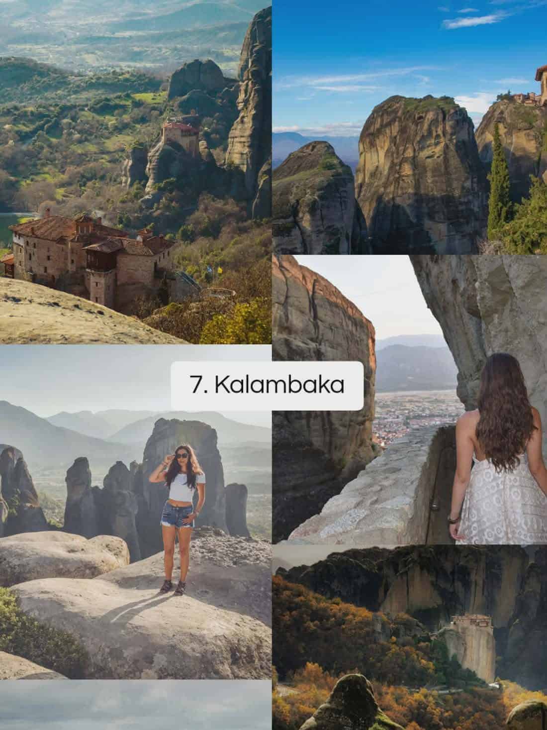 Meteora monasteries near Kalambaka, Greece, standing atop massive rock pillars with panoramic views of the Thessalian valley.