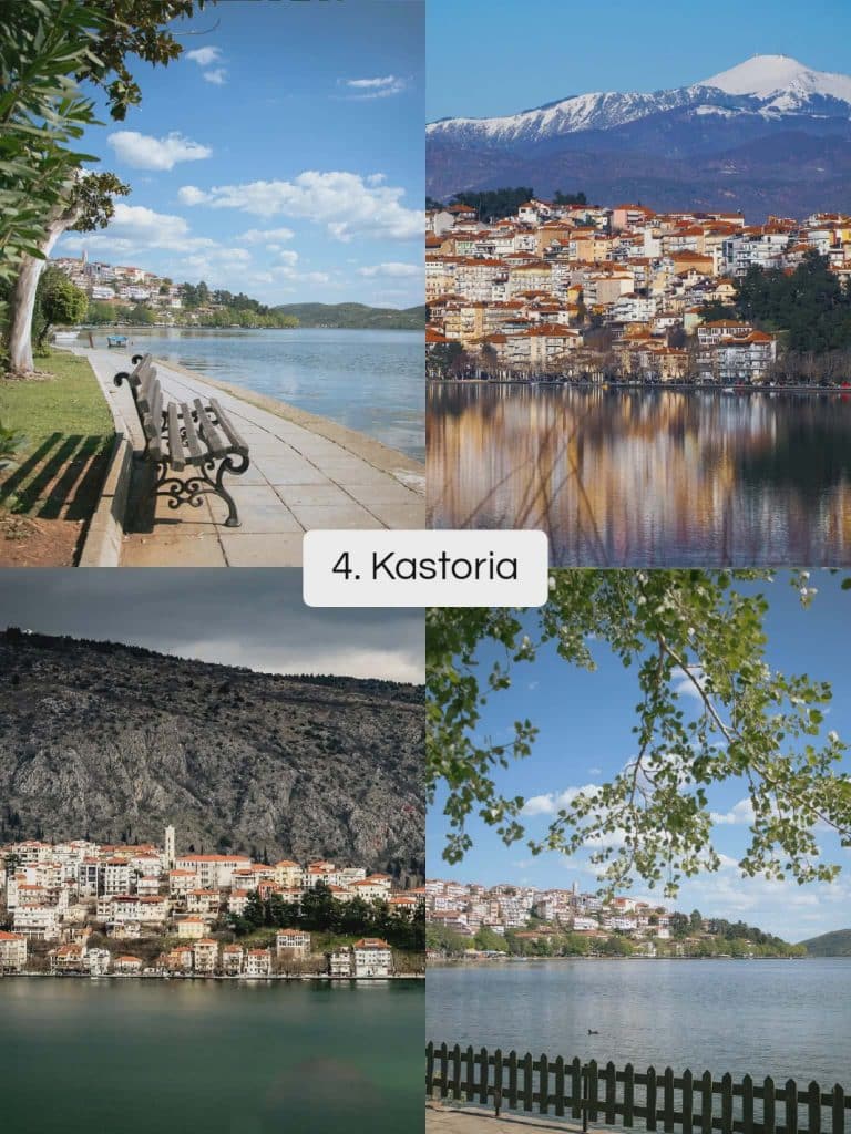 Kastoria Greece waterfront with traditional houses along Lake Orestiada surrounded by mountains and peaceful lakeside scenery.