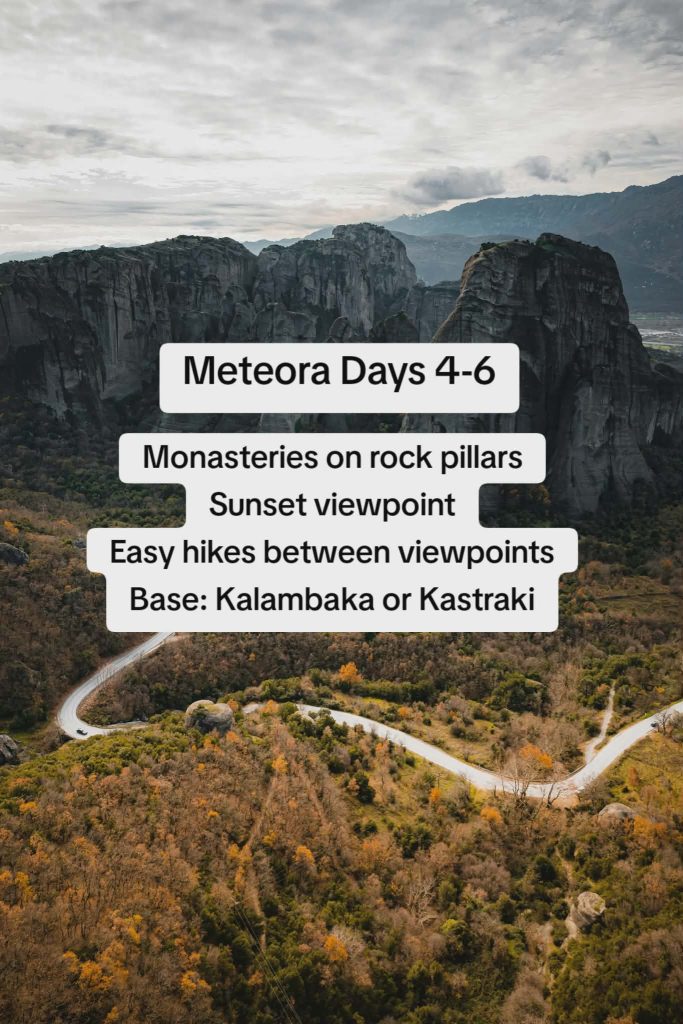 Aerial view of Meteora rock pillars and winding road with itinerary text for days 4 to 6 in Meteora, Greece.
