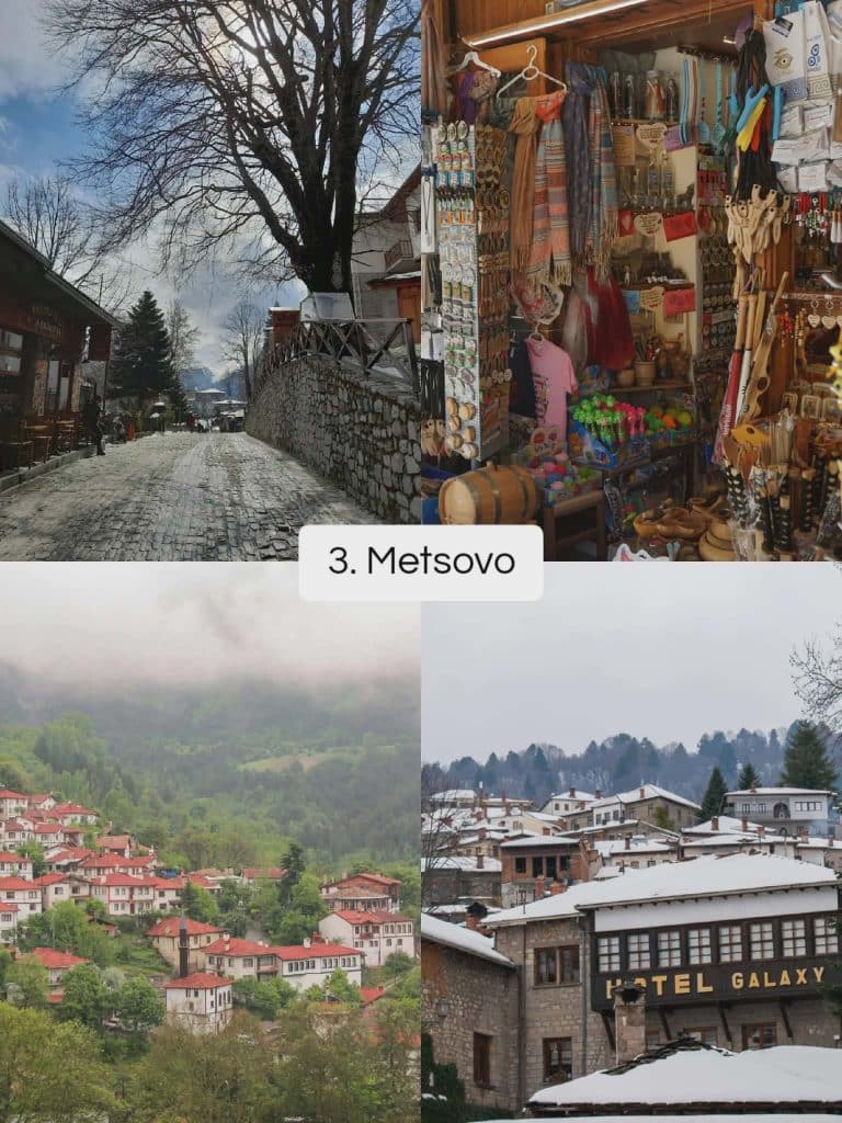 Metsovo Greece traditional mountain village featuring stone architecture, red-roofed homes, misty hills, and charming streets in the Pindus Mountains.