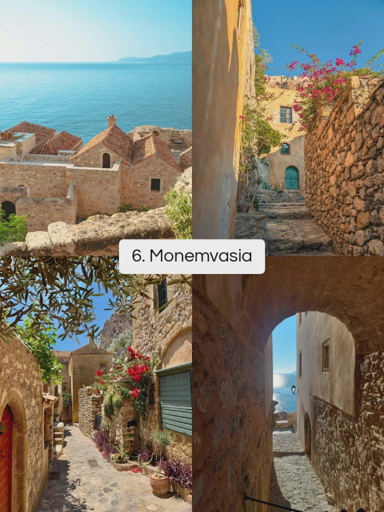 Monemvasia castle town in Greece featuring medieval stone houses, charming alleys, and coastal views on a historic fortified island.