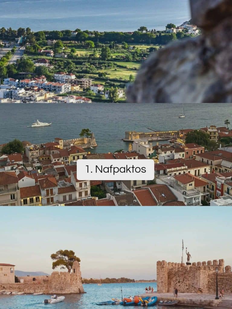 Nafpaktos Greece featuring its historic Venetian harbor, medieval fortress, waterfront homes, and picturesque coastline.