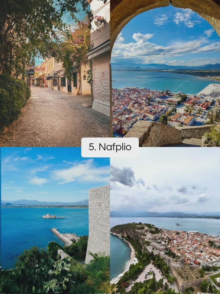 Nafplio, Greece featuring a charming old town street, coastal views, historic fortress walls, and the Bourtzi castle in the Argolic Gulf.