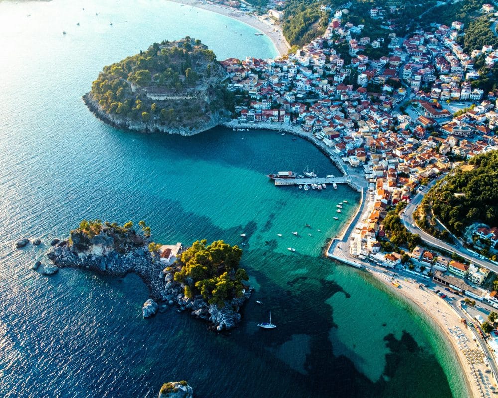 Aerial view of colorful coastal town of Parga Greece
