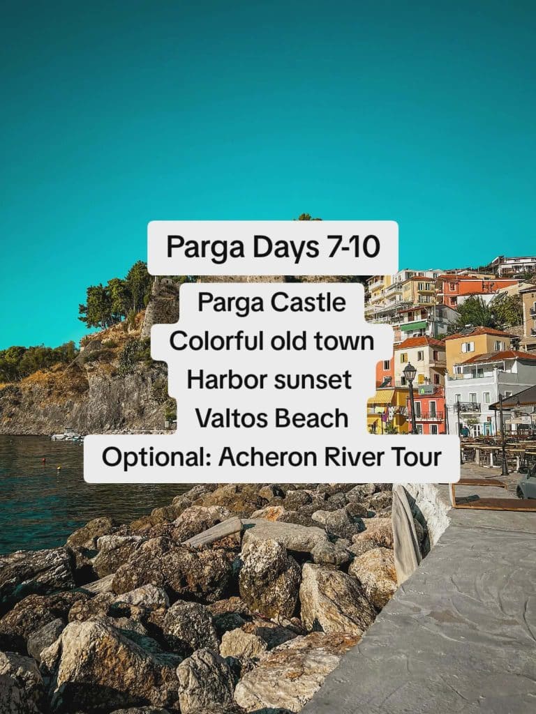 Colorful seaside town of Parga, Greece with harbor and castle, featuring itinerary highlights for days 7 to 10.