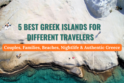 Aerial view of Sarakiniko Beach in Milos with white volcanic rock formations and turquoise water featured in a guide to the best Greek islands for different travelers.