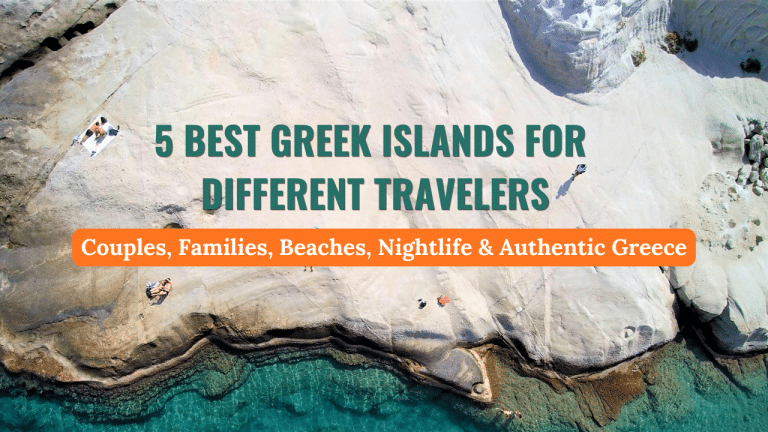 Aerial view of Sarakiniko Beach in Milos with white volcanic rock formations and turquoise water featured in a guide to the best Greek islands for different travelers.