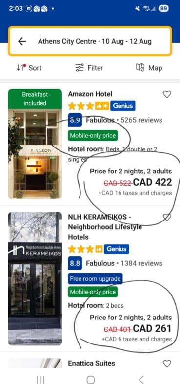 Booking.com mobile-only hotel price and Genius loyalty discount shown for hotels in Athens Greece
