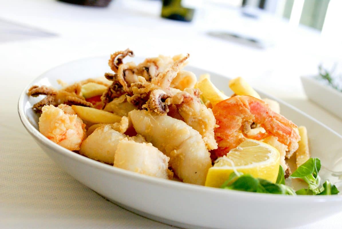 Greek seafood meal at a taverna during a trip to Greece