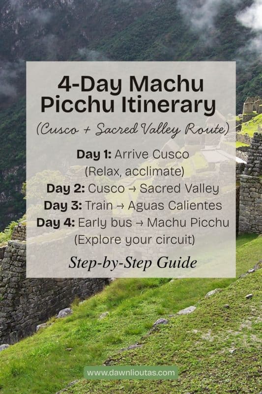 4 day Machu Picchu itinerary Cusco Sacred Valley Aguas Calientes route guide