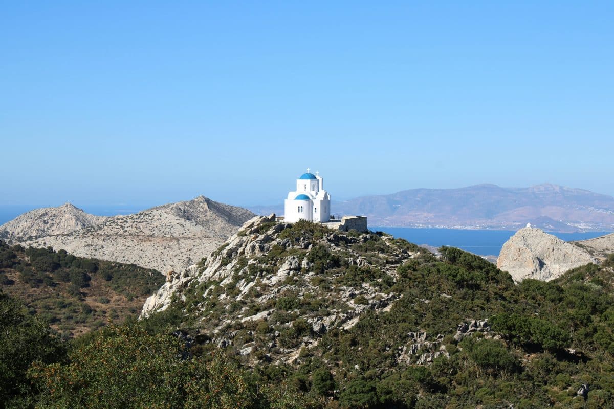 Church on Mount Zas in Naxos, Greece with panoramic mountain and sea views