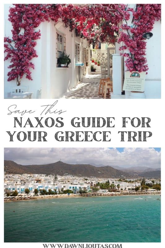 Naxos Greece travel guide pin with taverna and beach images for planning a Greece trip