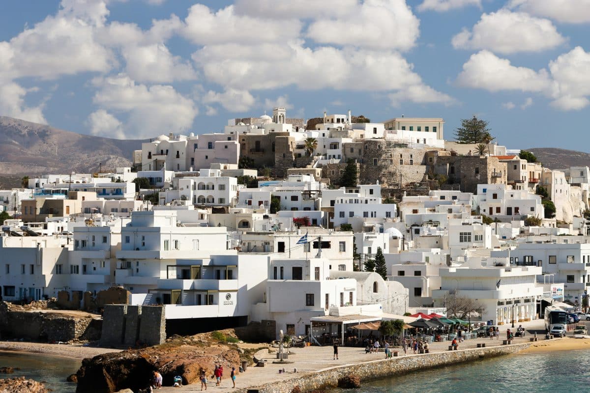 Naxos Town (Chora) with whitewashed houses along the coastline in Naxos, Greece