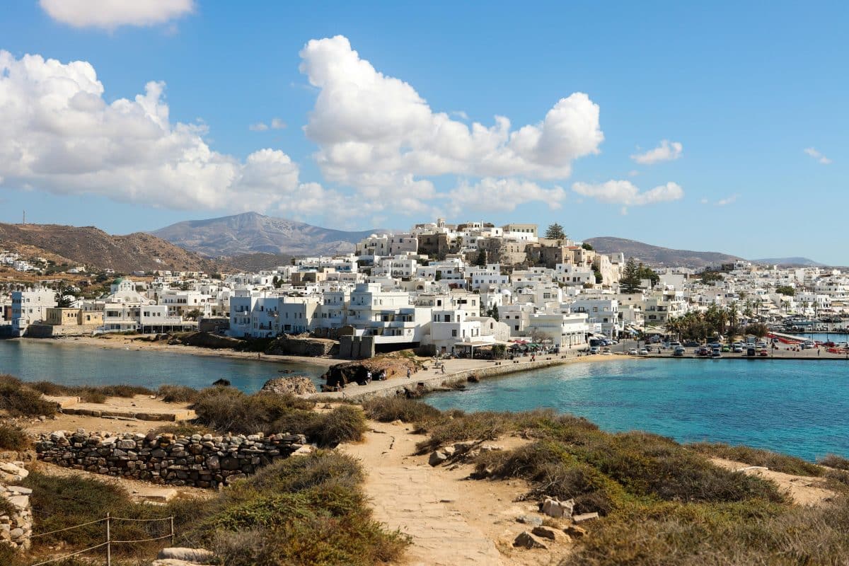 Whitewashed houses and harbor views in Naxos Town, one of the most beautiful towns in the Cyclades islands.