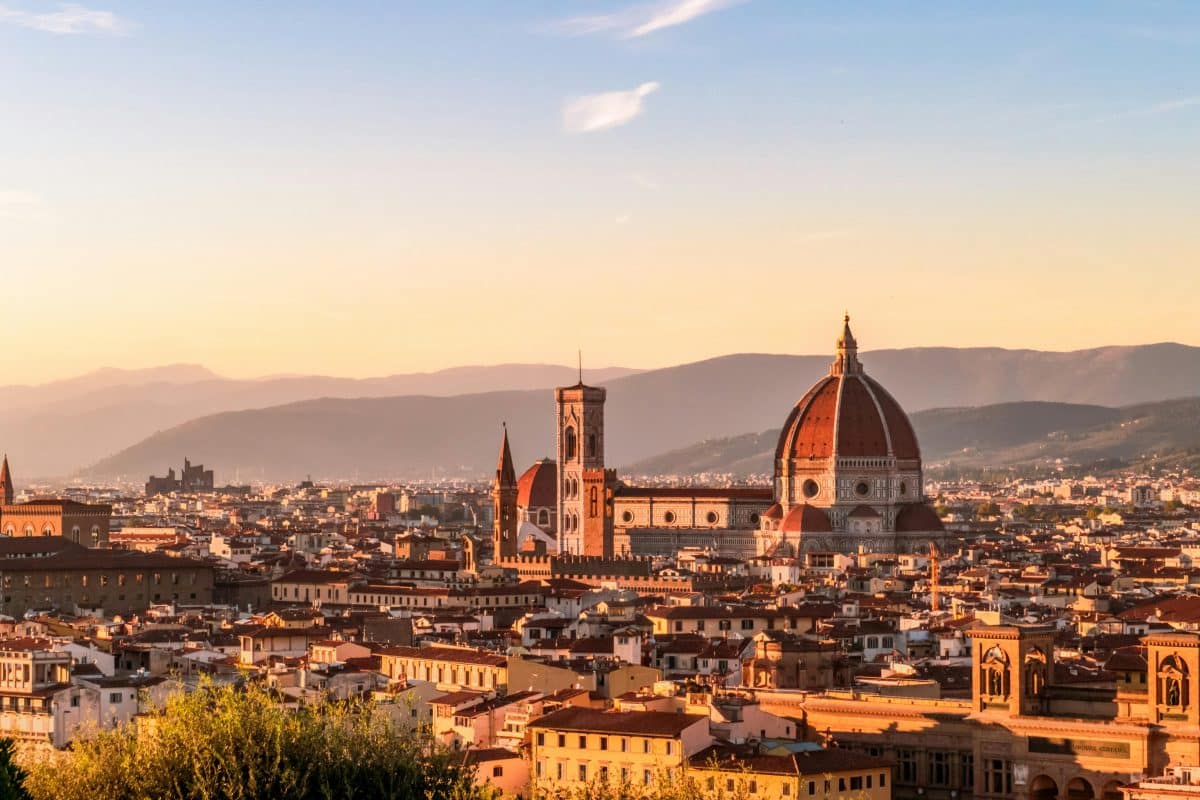 Florence skyline at sunset with the Duomo and cathedral dome in Italy