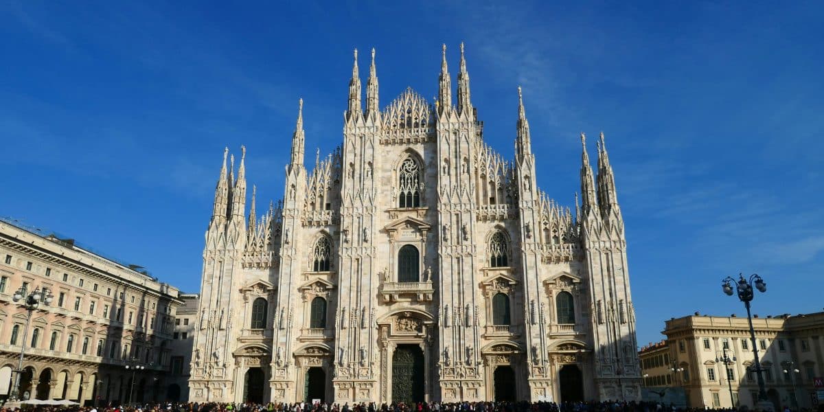 Milan Cathedral Duomo di Milano in Italy with gothic architecture and detailed facade