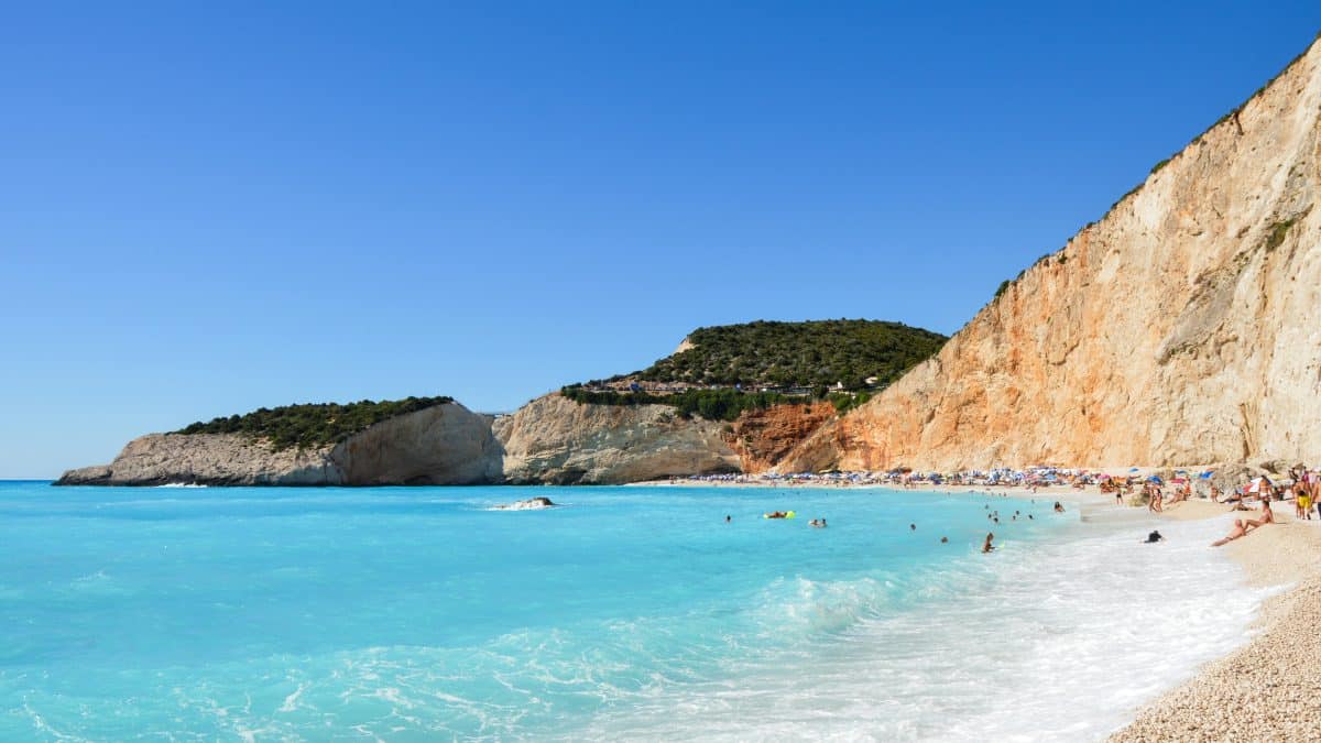 Porto Katsiki beach in Lefkada Greece with turquoise water and dramatic cliffs