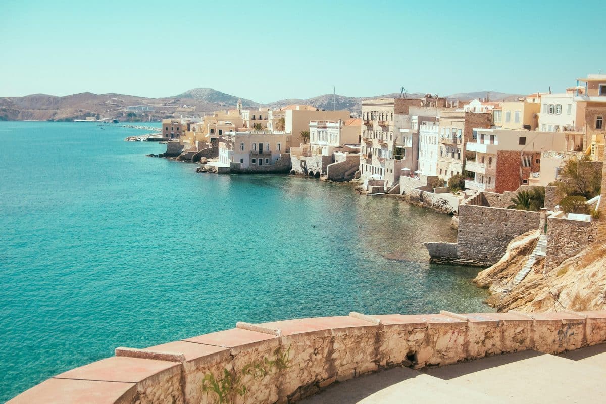 Colorful neoclassical buildings along the coastline in Ermoupoli Syros Greece