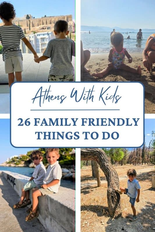 Pinterest graphic featuring children exploring Athens and family friendly activities in Greece