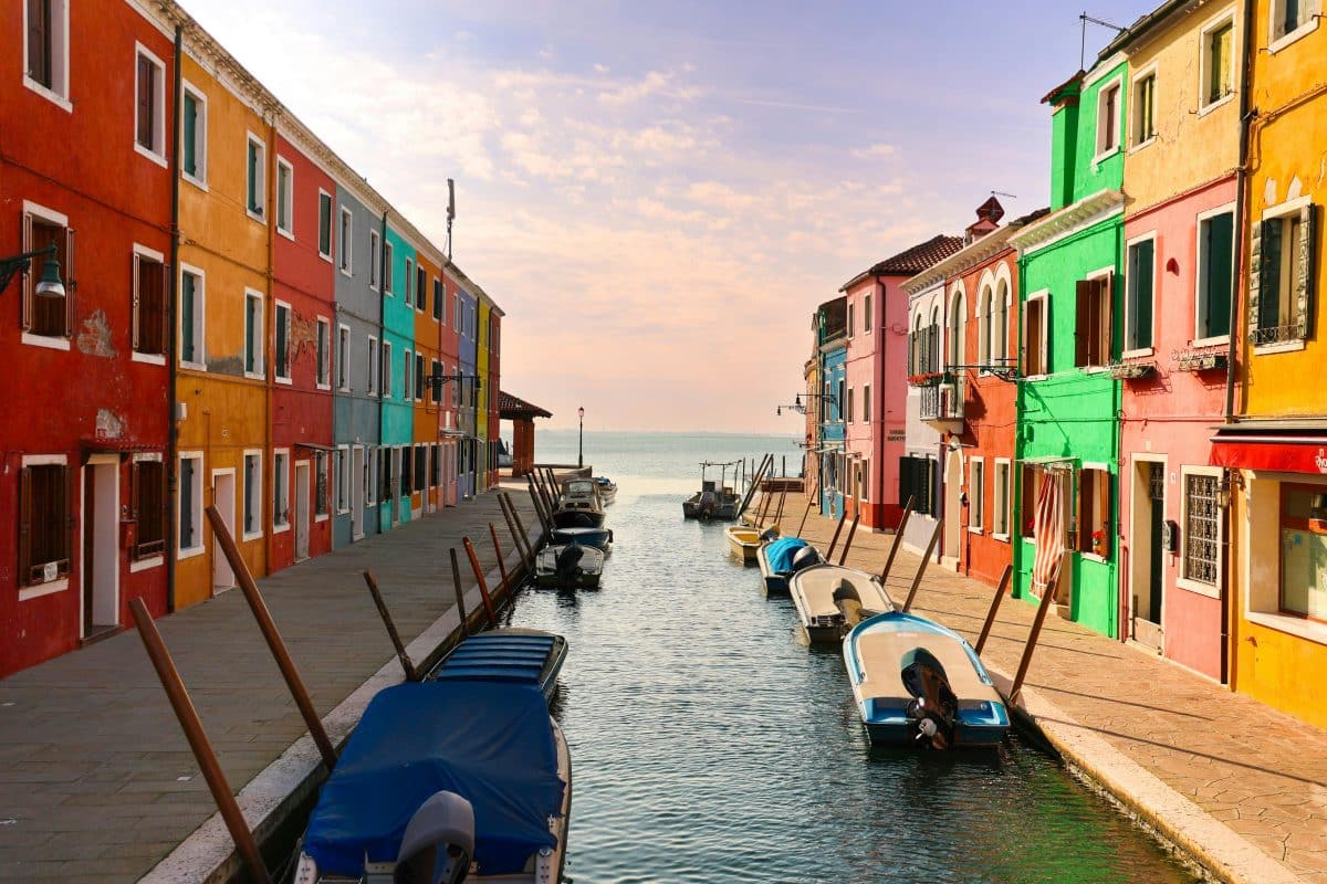 Colorful canal and houses in Burano near Venice, Italy
