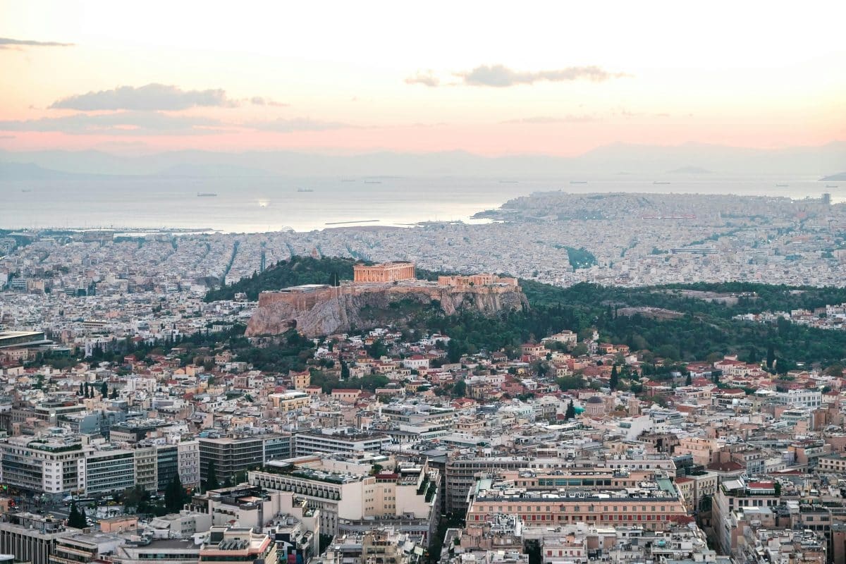 Panoramic sunset view of Athens and the Acropolis from Lycabettus Hill in Greece