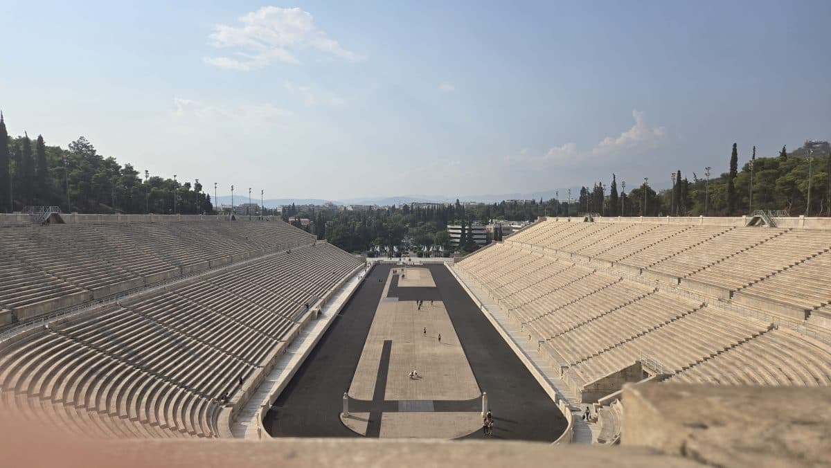 View from the upper seats of the Panathenaic Stadium in Athens, Greece