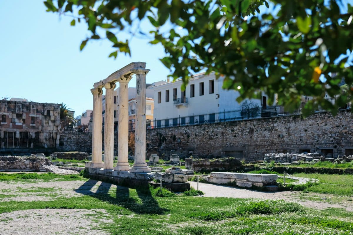 Ancient columns and ruins at the Roman Agora in Athens, Greece
