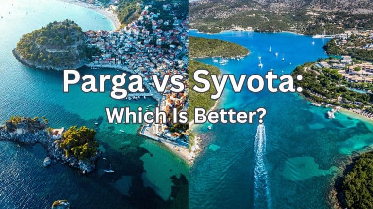Aerial comparison of Parga vs Syvota in Greece showing Parga's colorful harbor and Syvota's turquoise bays and marina.