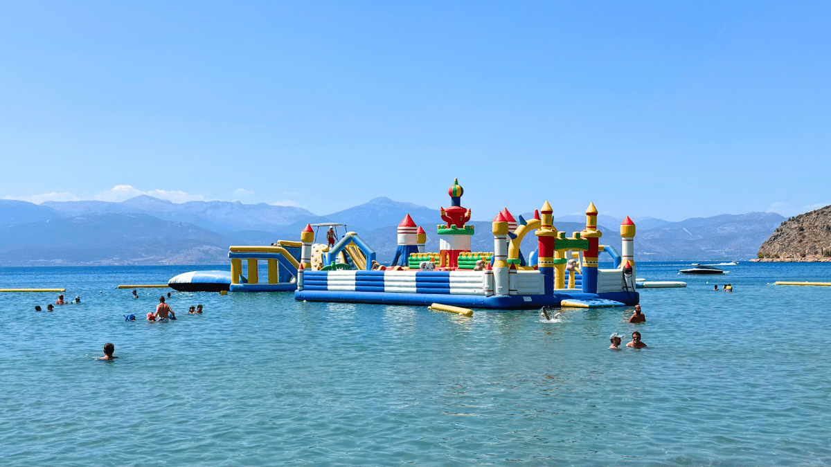 Inflatable water park at Karathona Beach near Nafplio, Greece