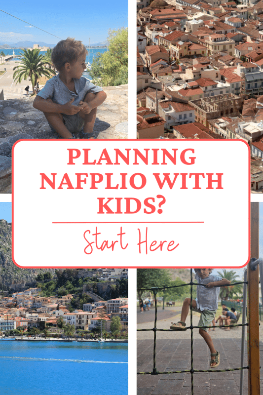 Collage of Nafplio, Greece, including a child overlooking the waterfront, views of the Old Town, the harbor, and a child playing at a park.