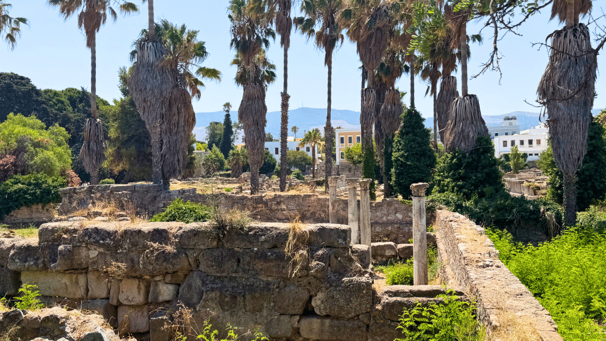 Ancient Agora ruins in Kos, Greece, with palm trees and ancient stone columns