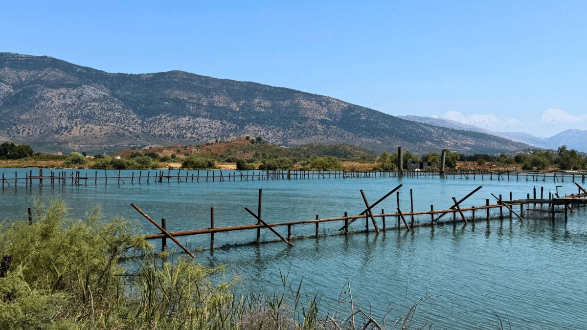 Lake Butrint surrounded by mountains and greenery in southern Albania