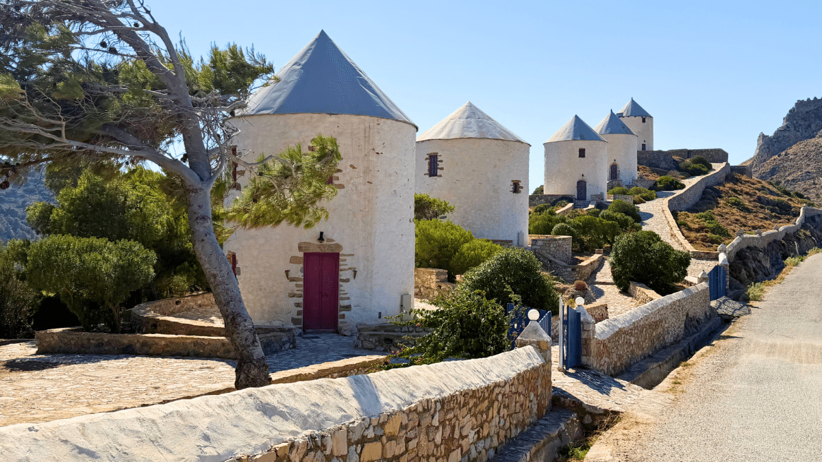 Historic windmills above Panteli in Leros, Greece